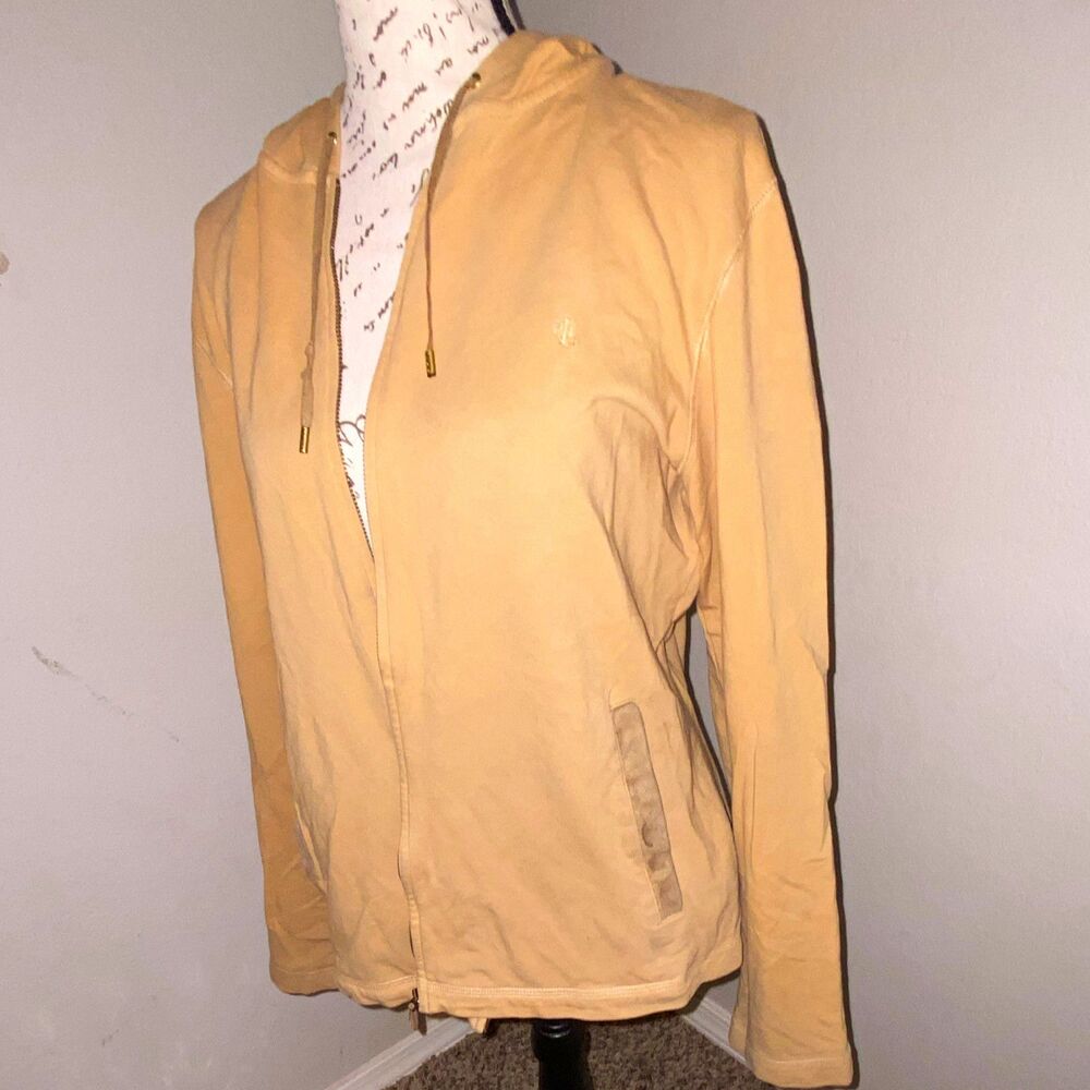 Lauren Ralph Lauren Women's Beige Full Zip Hooded Logo Hoodie Pockets Knit L